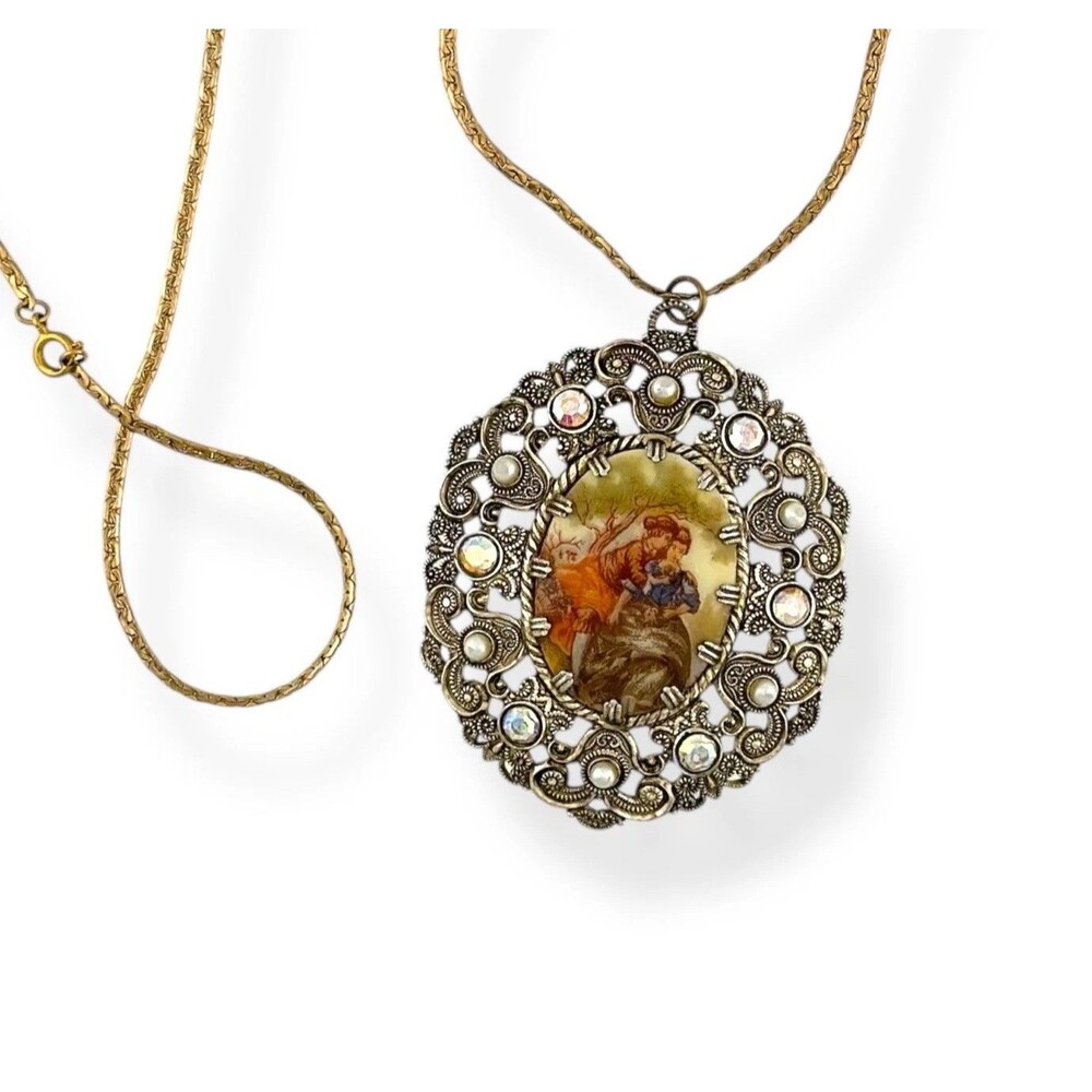 Vintage Germany Cameo Necklace Brass Filigree Pendant 12K Gold Filled Chain